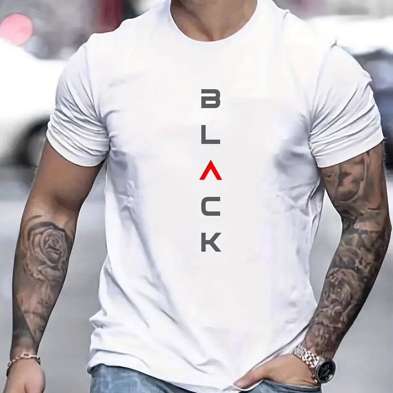 Men's Loose Size 100% Cotton Black Print Round Neck Short Sleeve T-shirt