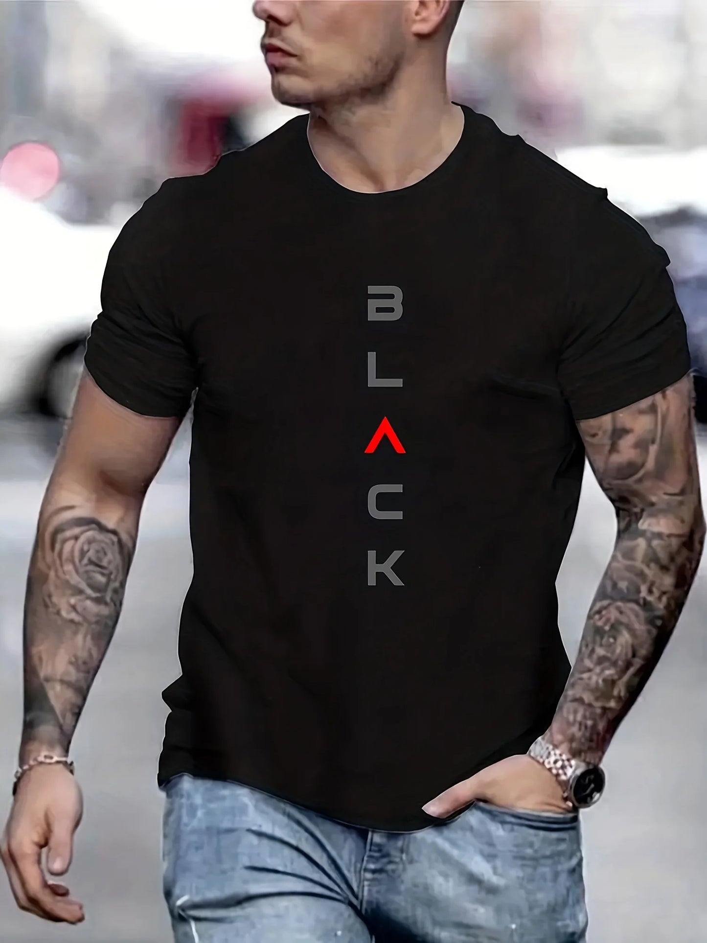 Men's Loose Size 100% Cotton Black Print Round Neck Short Sleeve T-shirt