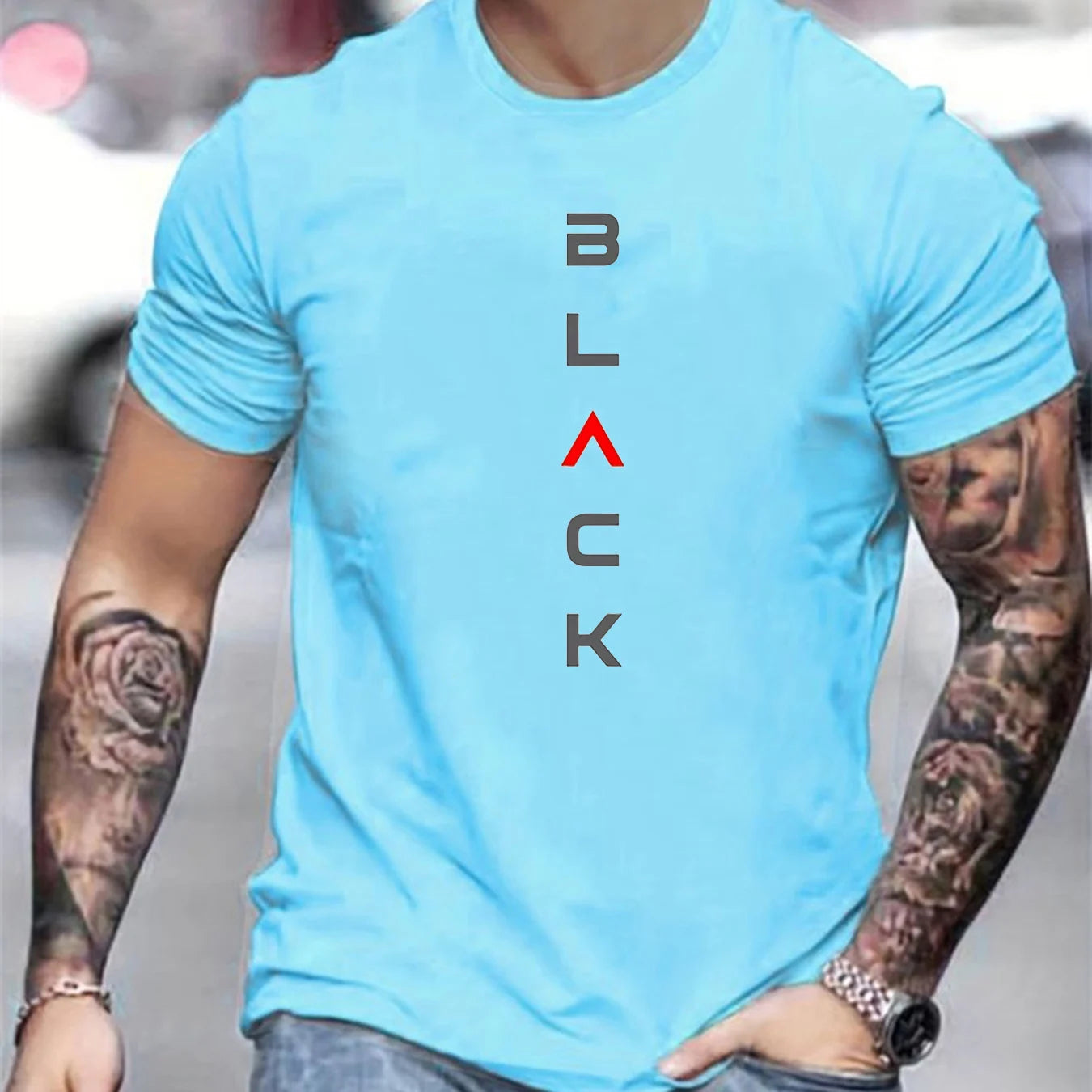 Men's Loose Size 100% Cotton Black Print Round Neck Short Sleeve T-shirt