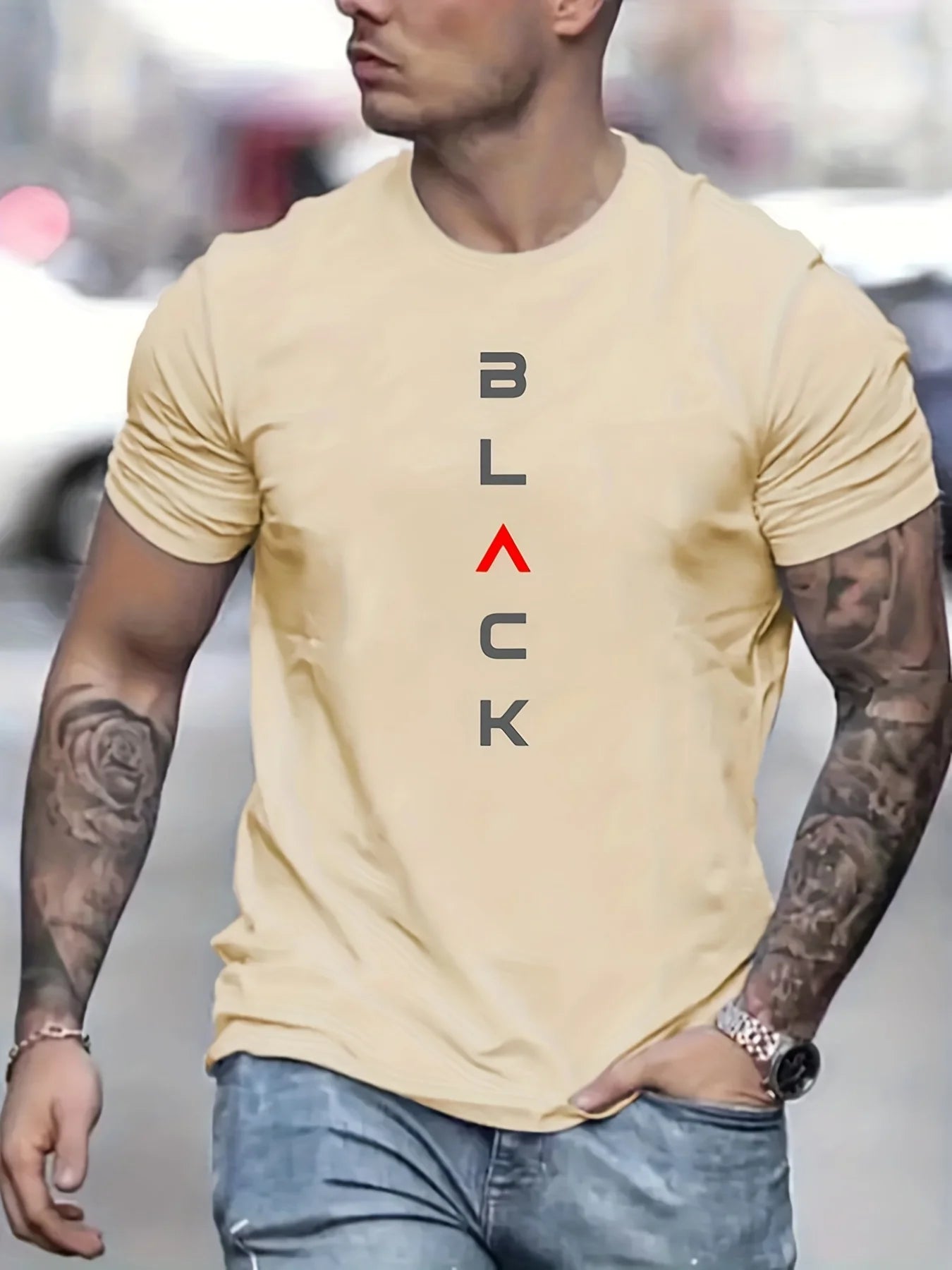 Men's Loose Size 100% Cotton Black Print Round Neck Short Sleeve T-shirt