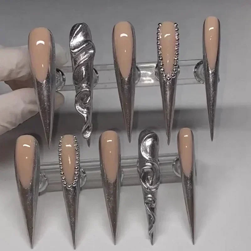 10PCS Handmade 5CM Long Stiletto Press On Nails Flower Acrylic False Nails Tips Red Fake Nail With Glue Stickers Nail Supplies