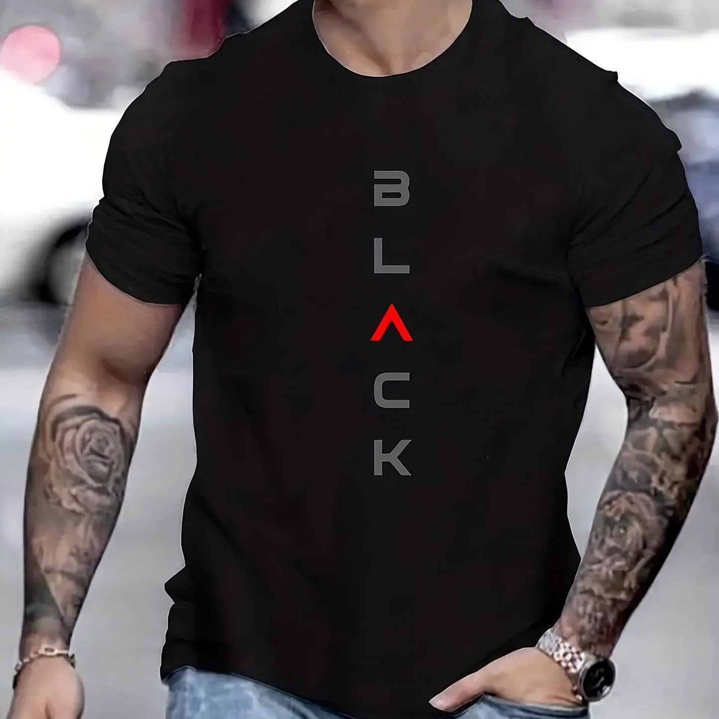 Men's Loose Size 100% Cotton Black Print Round Neck Short Sleeve T-shirt