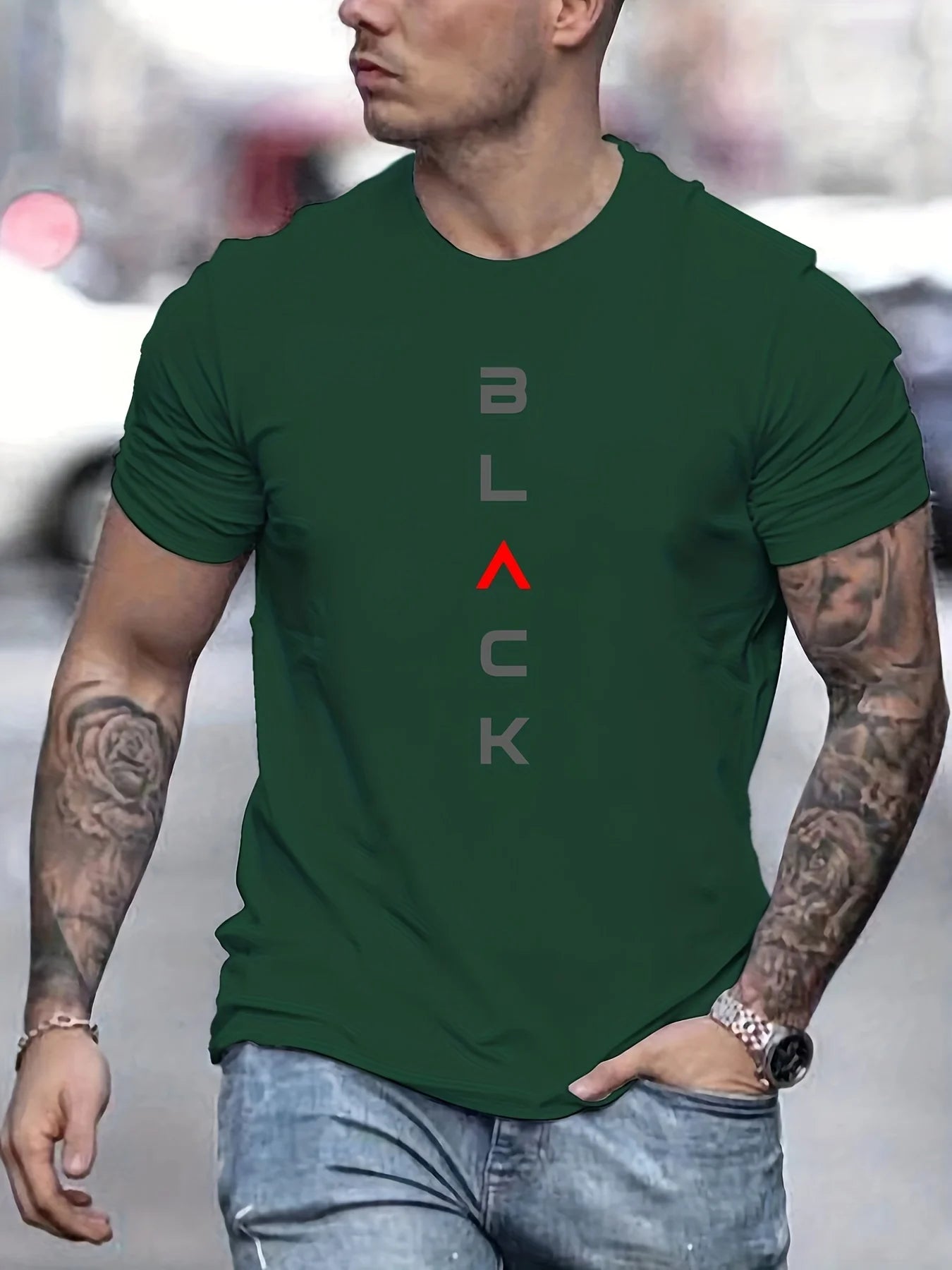 Men's Loose Size 100% Cotton Black Print Round Neck Short Sleeve T-shirt