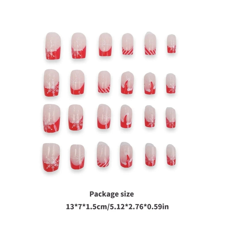 Christmas Press on Nails Medium Square False Nails French Tip Nail Stick on Nails with Snowflake Acrylic Nail