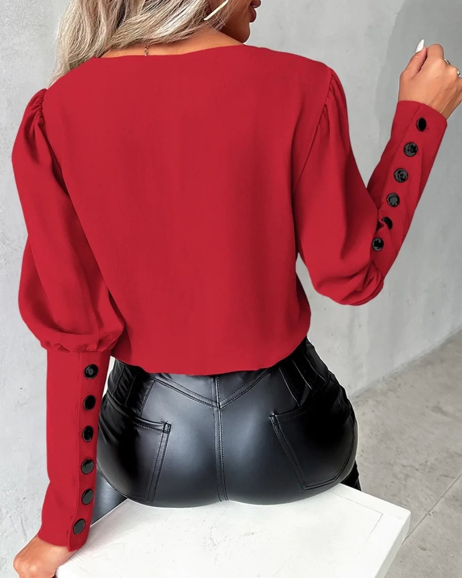 Elegant Women's Shirt Autumn 2025 New Fashion V-neck Pullover Solid Color Contrasting Loose Long Sleeved Button Women's Shirt