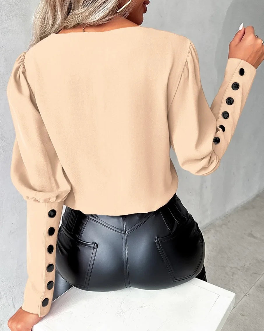 Elegant Women's Shirt Autumn 2025 New Fashion V-neck Pullover Solid Color Contrasting Loose Long Sleeved Button Women's Shirt