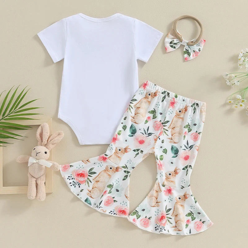 Floral Toddler Girl Spring 3-Piece Set With Ruffle Pants and Matching Headband