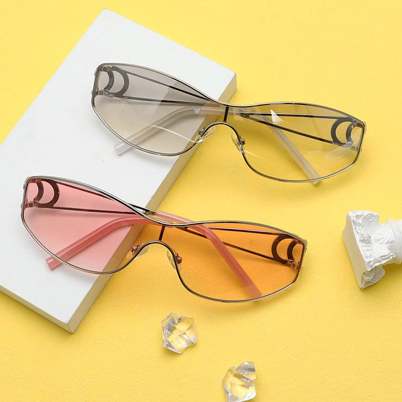 Rimless Y2K Sunglasses Women Men Trendy Wrap Around Sunglasses Sports Metal Frame Shades UV400 Eyewear