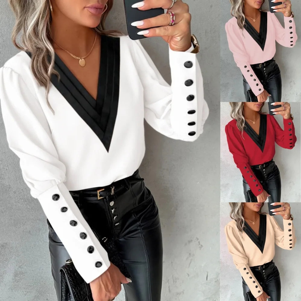 Elegant Women's Shirt Autumn 2025 New Fashion V-neck Pullover Solid Color Contrasting Loose Long Sleeved Button Women's Shirt