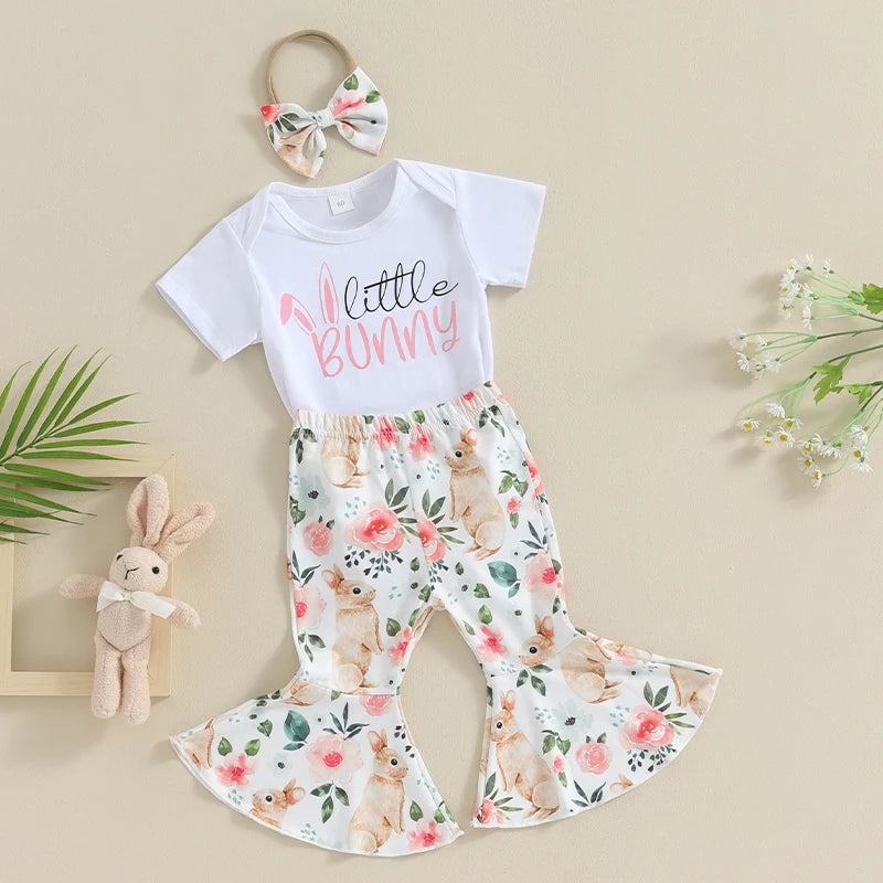 Floral Toddler Girl Spring 3-Piece Set With Ruffle Pants and Matching Headband