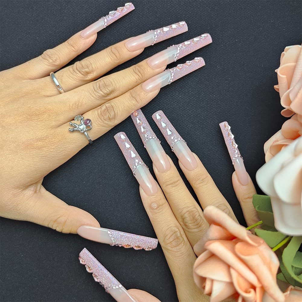 New Shiny Crystal Long Press On Nails With Diamonds Acrylic Handmade Nails
