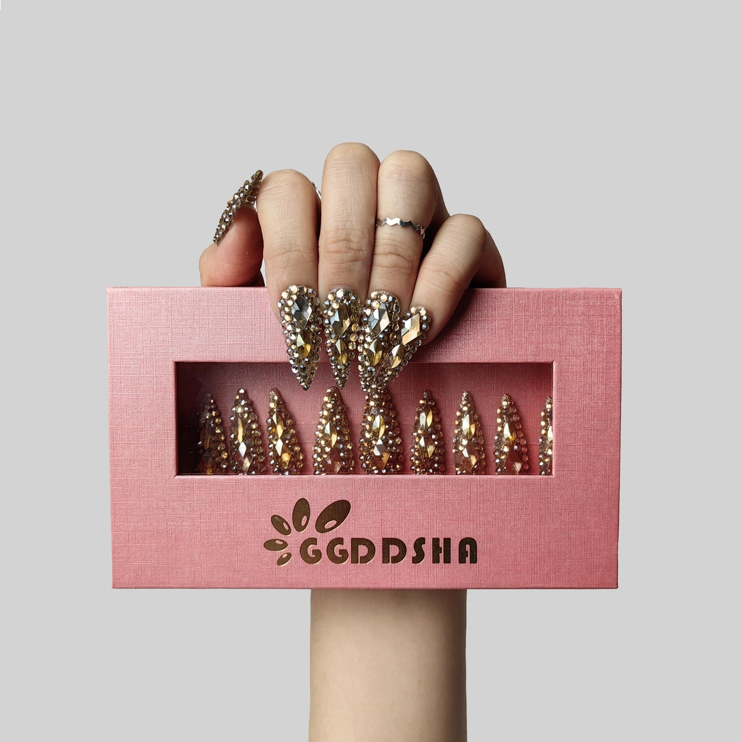 Full Diamond Medium Almond Press On Nails Acrylic Handmade Nails Full Deluxe 3DCrystal