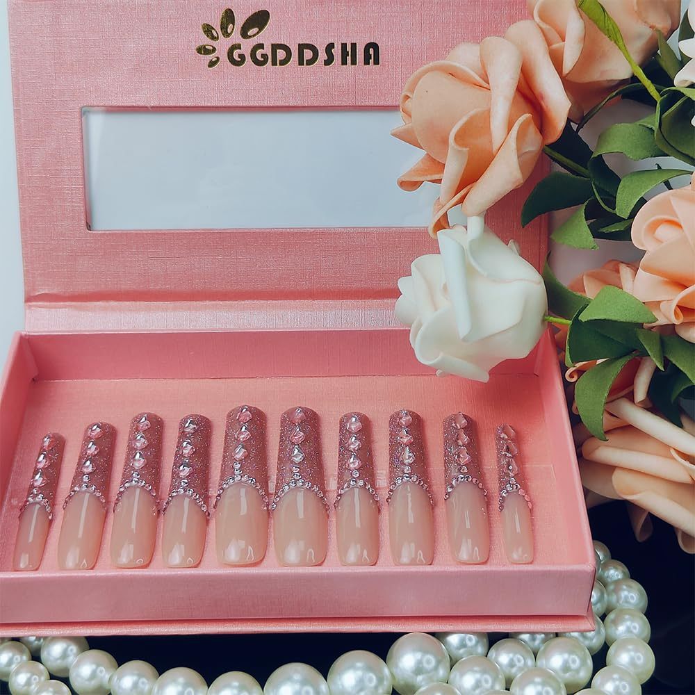 New Shiny Crystal Long Press On Nails With Diamonds Acrylic Handmade Nails