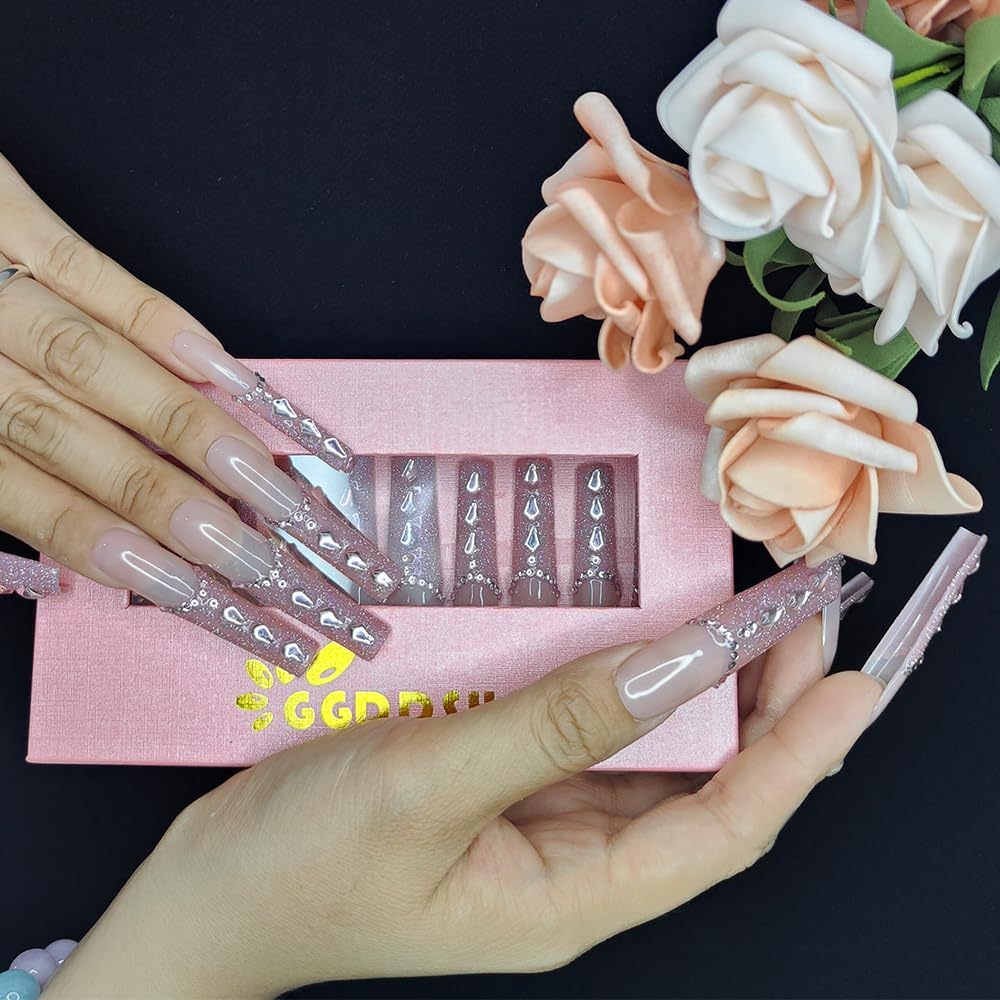 New Shiny Crystal Long Press On Nails With Diamonds Acrylic Handmade Nails