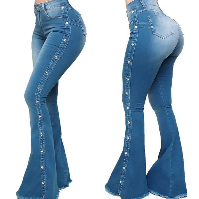 Jeans High Waist Strecth Denim Flare Pants Women Vintage Trousers Buttons Denims Streetwear 2024 Autumn Female Floor Length