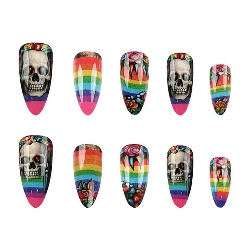 24Pcs Long Almond Press on Nails - Halloween Design with Rainbow Stripes, White Grinning Skull and Colorful Flowers