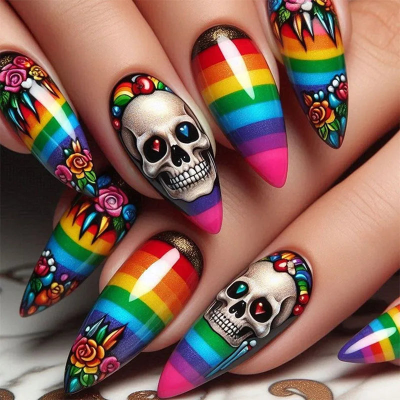 24Pcs Long Almond Press on Nails - Halloween Design with Rainbow Stripes, White Grinning Skull and Colorful Flowers
