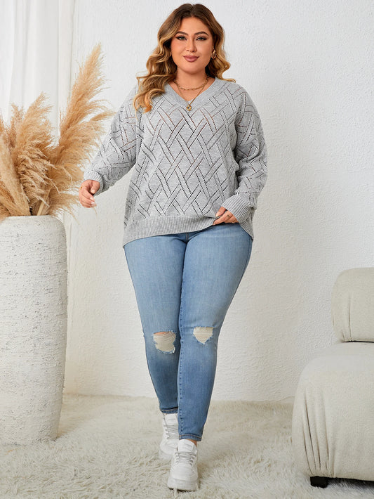 Spring Autumn Fashion Casual Knitting Top Gray Long Sleeve V Neck