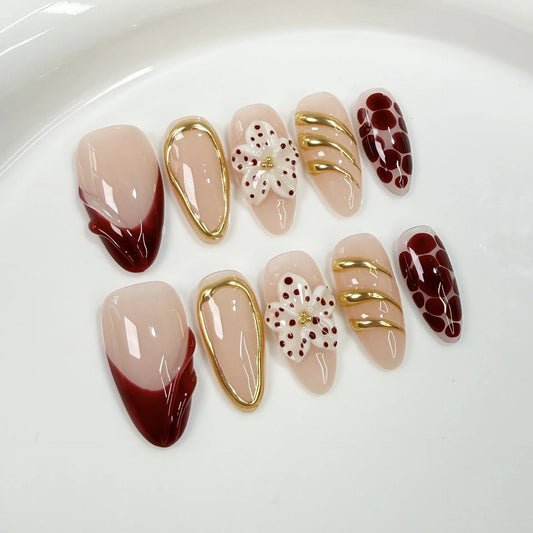 10pcs Handmade Almond Press on Nails Ins Leopard Print French False Nails with 3D Carving Petals Design Fake Nail Tips Wearable