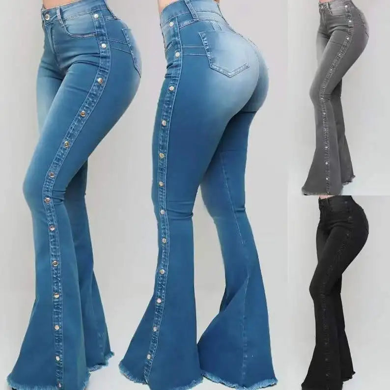 Jeans High Waist Strecth Denim Flare Pants Women Vintage Trousers Buttons Denims Streetwear 2024 Autumn Female Floor Length
