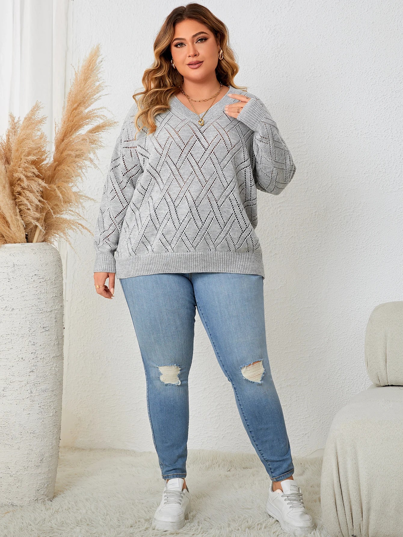 Spring Autumn Fashion Casual Knitting Top Gray Long Sleeve V Neck