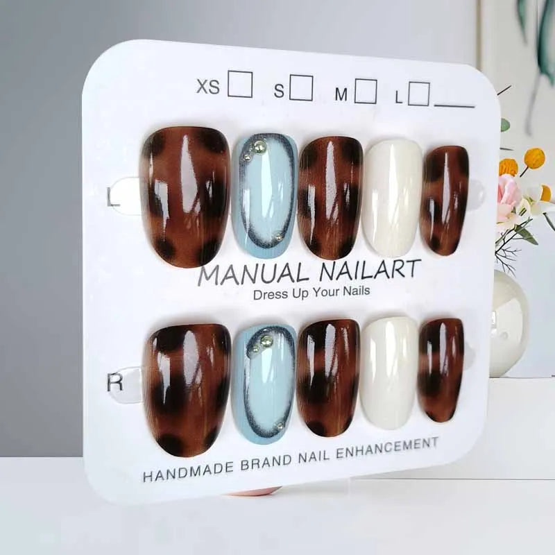 10Pcs Blue Brown Retro Leopard Print Press on Nails Almond Shaped Polka Dot  with Drill Gentle and Fresh Nail Patch False Nails