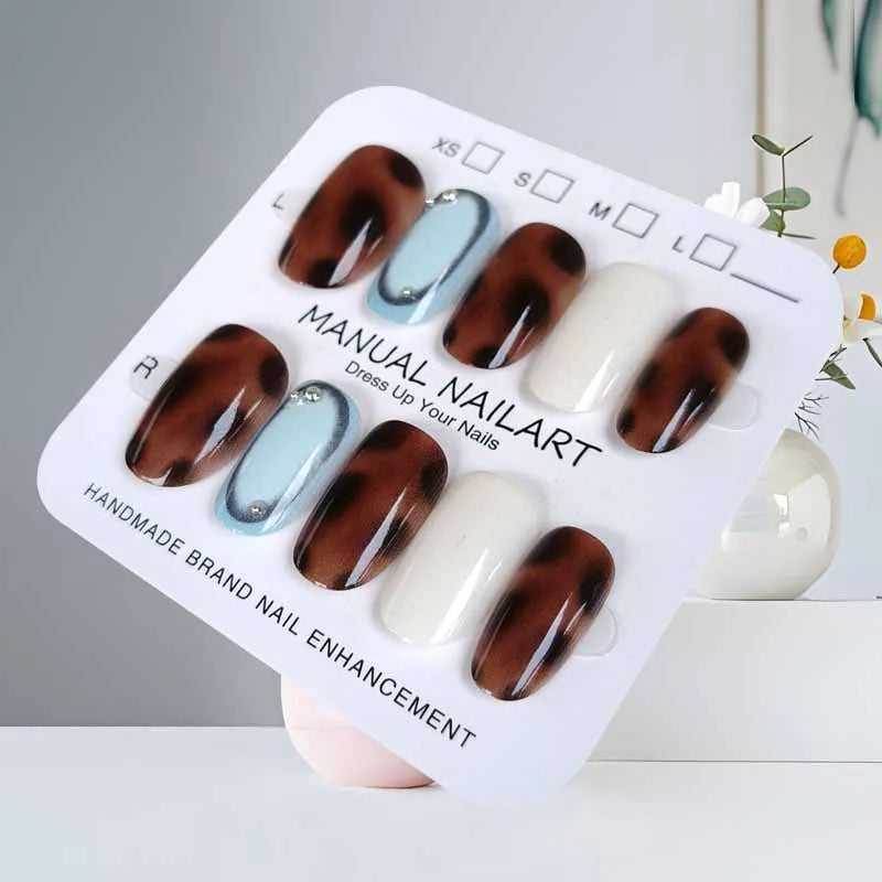 10Pcs Blue Brown Retro Leopard Print Press on Nails Almond Shaped Polka Dot  with Drill Gentle and Fresh Nail Patch False Nails