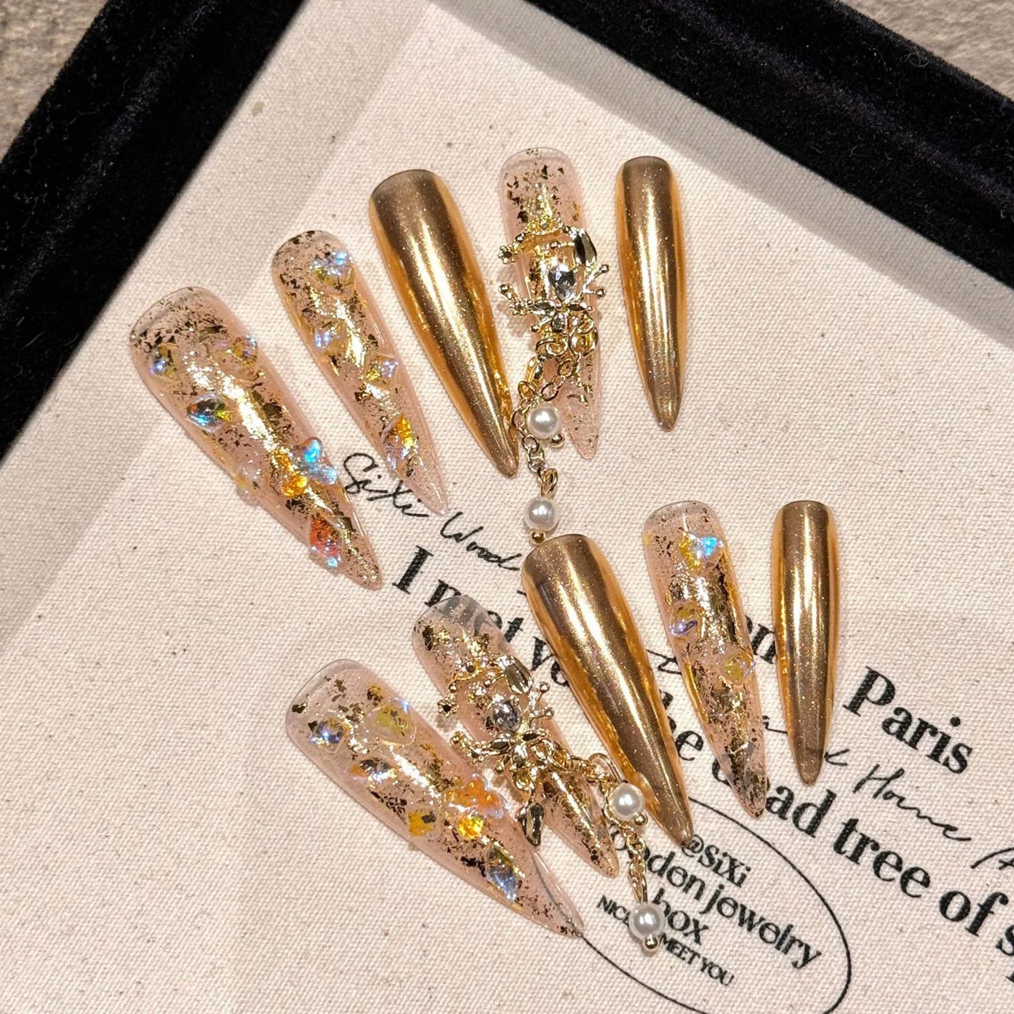 10pcs Super Long Stiletto False Nail Tips Light Luxury Handmade Full Flash Diamond Press On Nails European Wearable Fake Nails