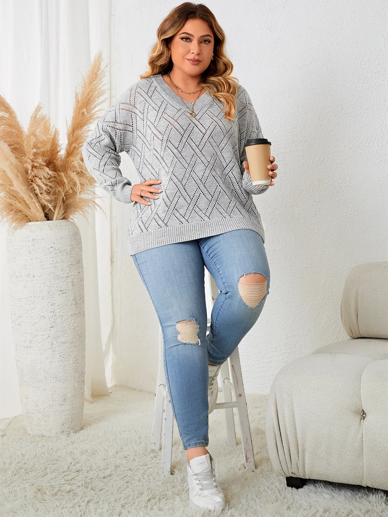 Spring Autumn Fashion Casual Knitting Top Gray Long Sleeve V Neck