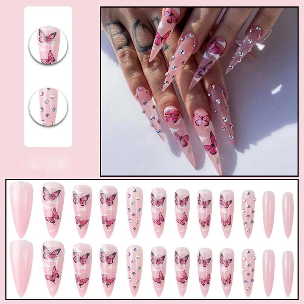 24Pcs Press On Nails Long Stiletto False Nails With Glue Pink Butterfly Cloud Rhinestones Design Acrylic Fake Nail Detachable
