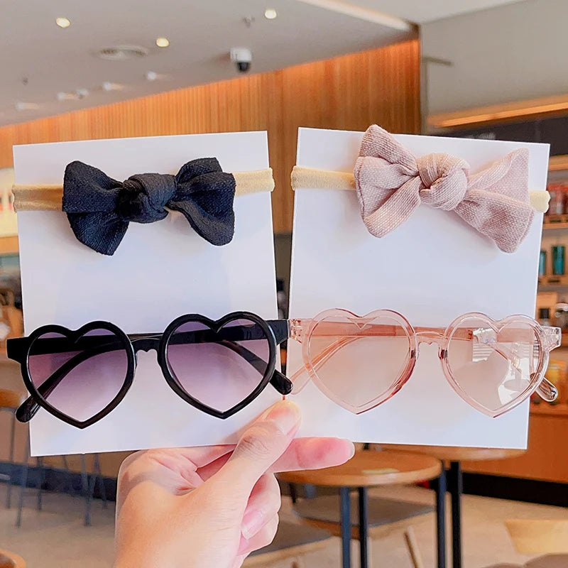 2 Pcs/Set New Girls Lovely Solid Color Cotton Bowknot Hairband Heart Shape Outdoor With Sunglasses
