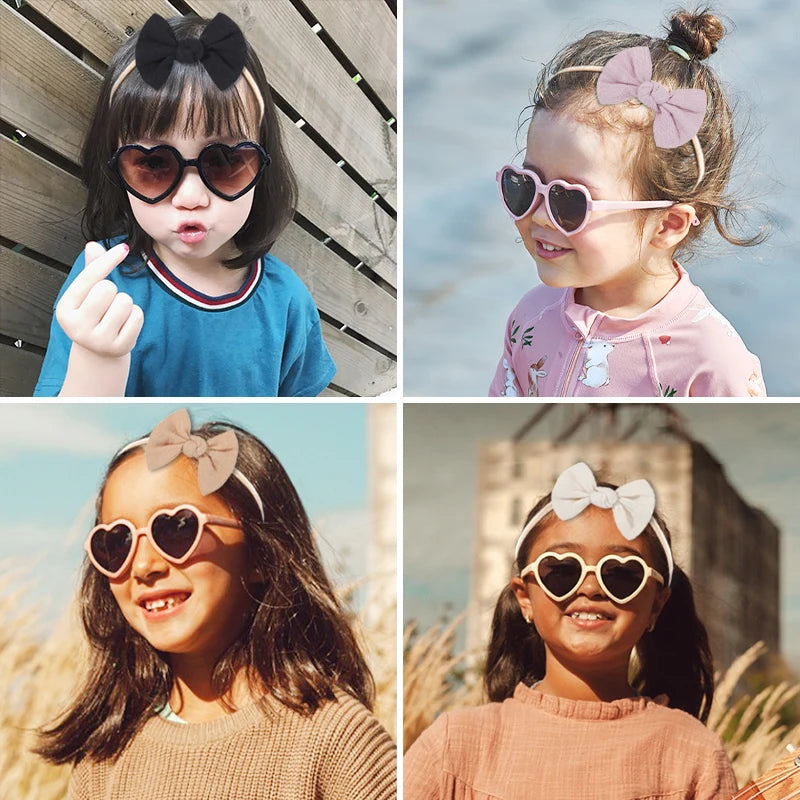 2 Pcs/Set New Girls Lovely Solid Color Cotton Bowknot Hairband Heart Shape Outdoor With Sunglasses