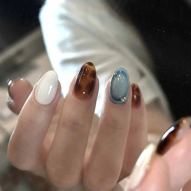 10Pcs Blue Brown Retro Leopard Print Press on Nails Almond Shaped Polka Dot  with Drill Gentle and Fresh Nail Patch False Nails