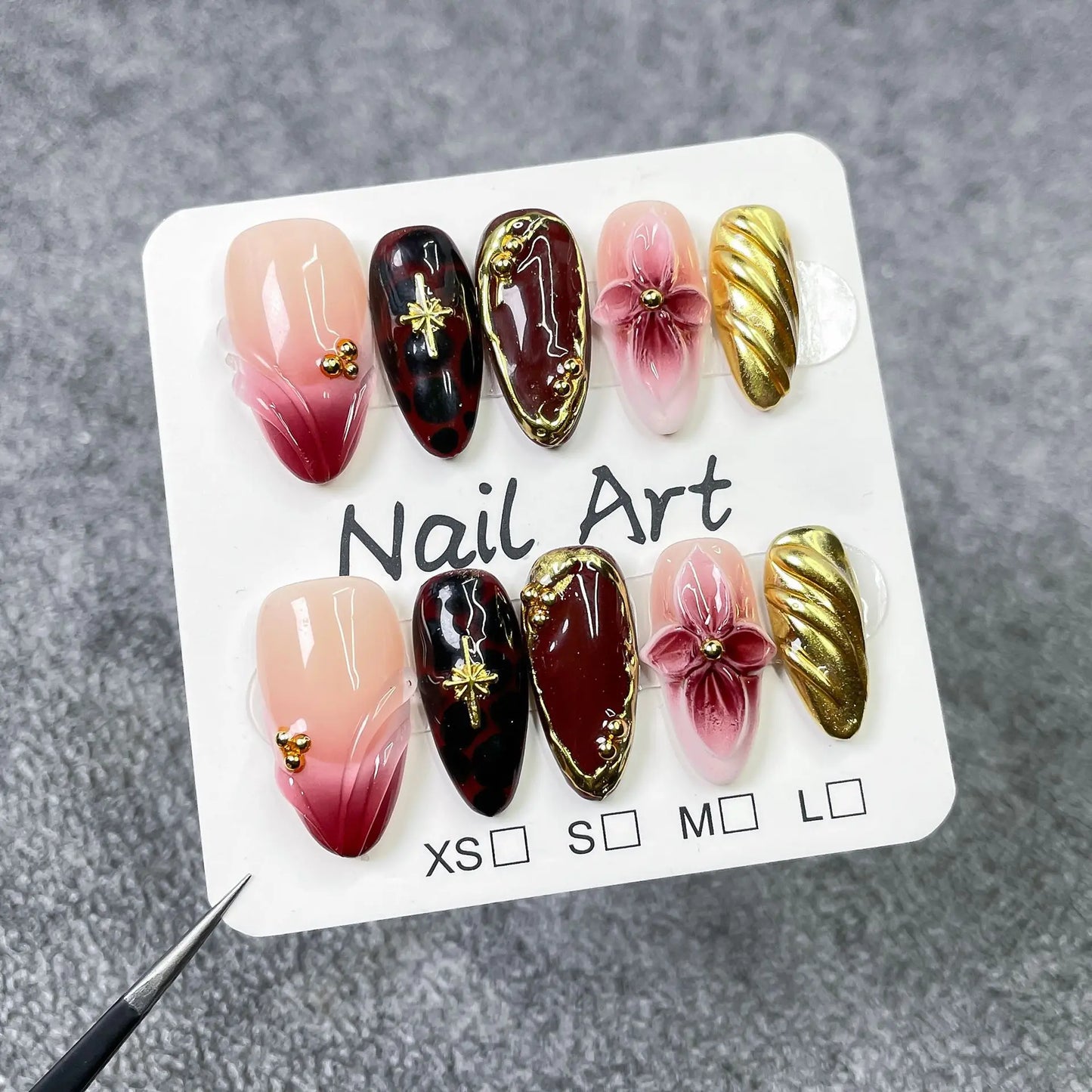 10pcs Handmade Almond Press on Nails Ins Leopard Print French False Nails with 3D Carving Petals Design Fake Nail Tips Wearable