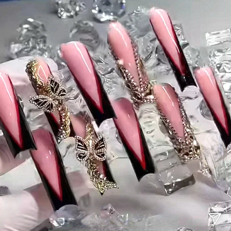 10PCS Handmade 5CM Long Stiletto Press On Nails Flower  Acrylic False Nails Tips Red Fake Nail With Glue Stickers Nail Supplies