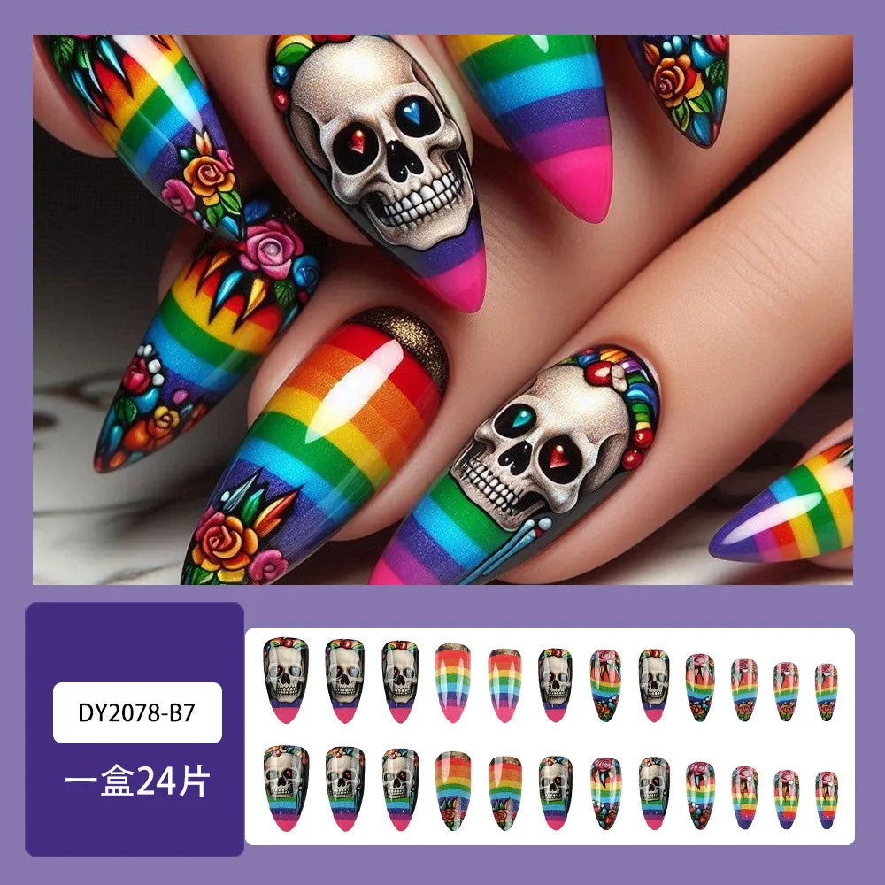 24Pcs Long Almond Press on Nails - Halloween Design with Rainbow Stripes, White Grinning Skull and Colorful Flowers