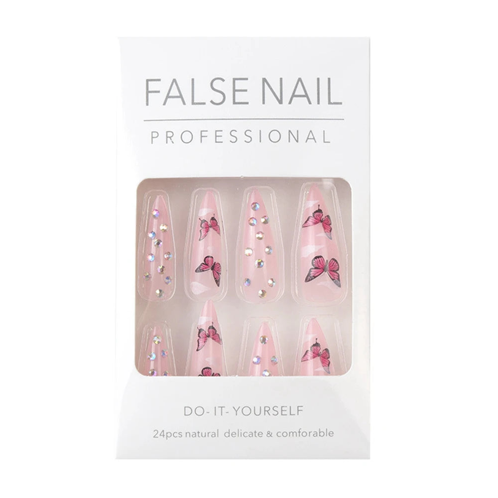 24Pcs Press On Nails Long Stiletto False Nails With Glue Pink Butterfly Cloud Rhinestones Design Acrylic Fake Nail Detachable