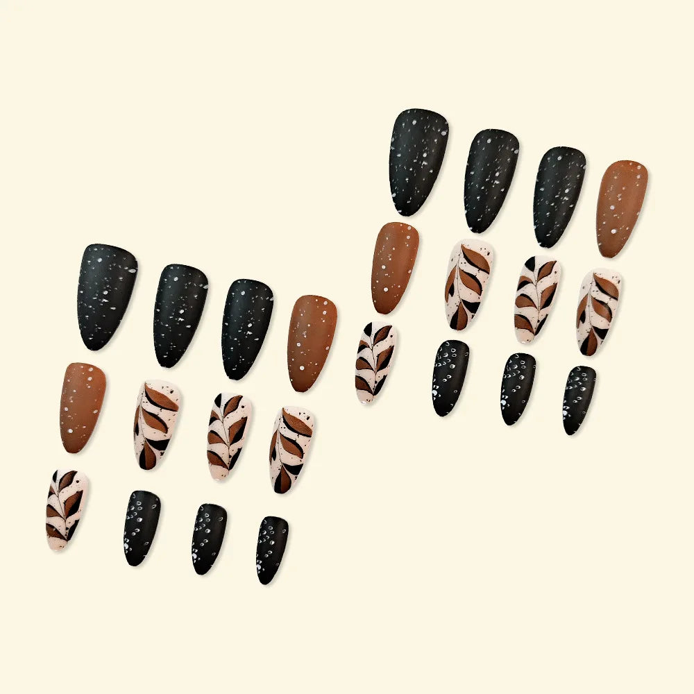 24pcs Short Almond Press On Nails With Leaf Design French Tip Fake Nails Autumn Winte Full Cover False Nails For Women Girls