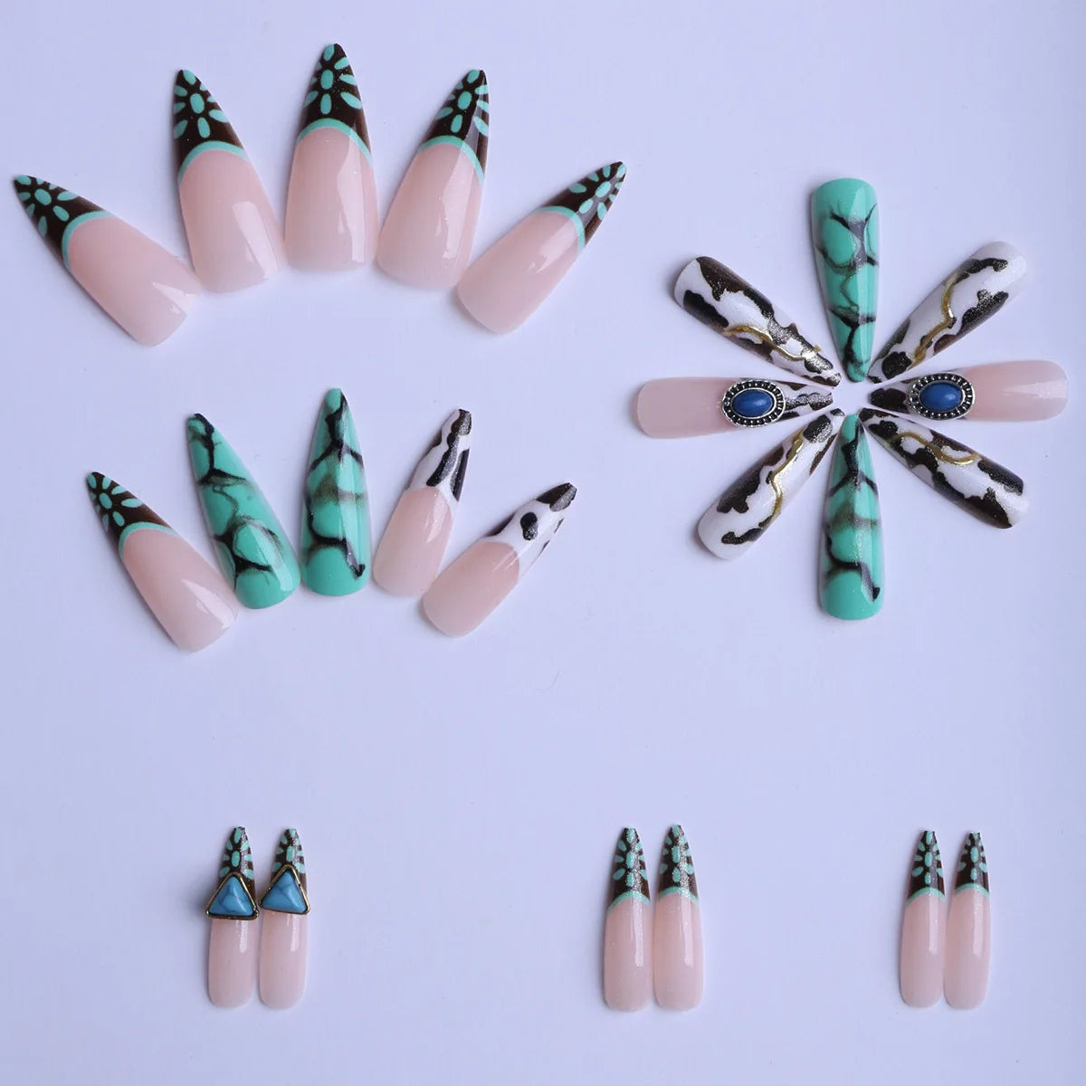 24PCS Stiletto Press on Nails Tips Cyan Ink Stripe Emerald French Fake Nails Sweet Cool False Nails Women Wearable Manicure Art