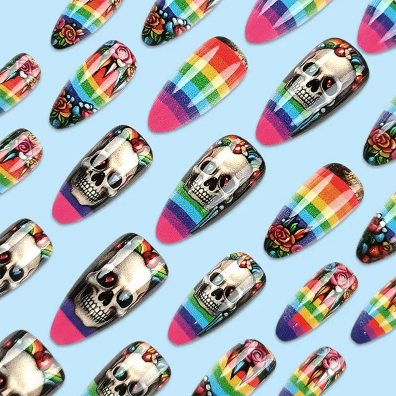 24Pcs Long Almond Press on Nails - Halloween Design with Rainbow Stripes, White Grinning Skull and Colorful Flowers