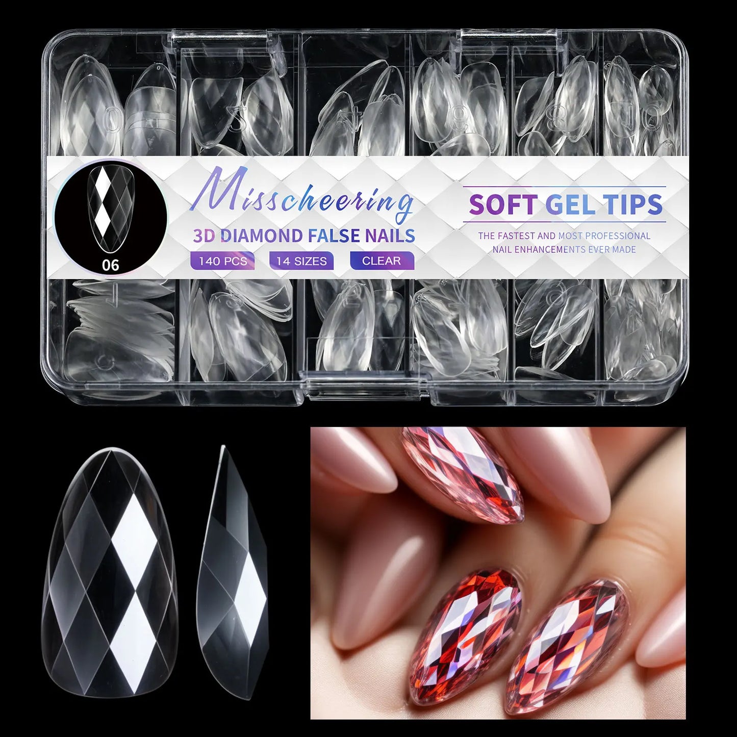 Diamond Shaped 3D Almond Nails Transparent Non-marking Frosted Square Oval Wearable Full Cover Ballet Press Fake Nail Manicure