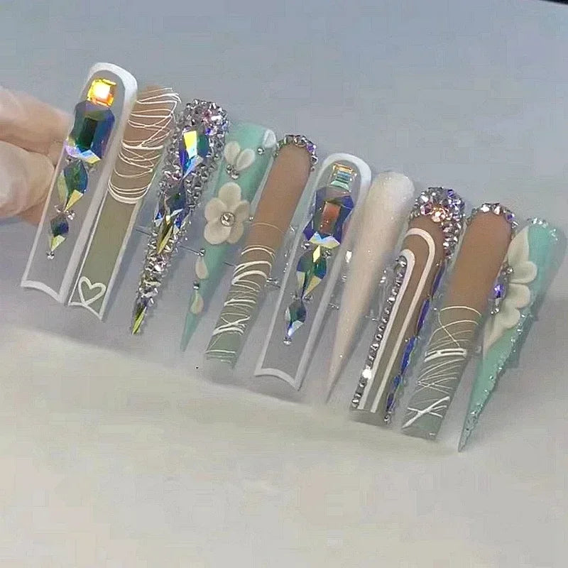 10PCS Handmade 5CM Long Stiletto Press On Nails Flower  Acrylic False Nails Tips Red Fake Nail With Glue Stickers Nail Supplies