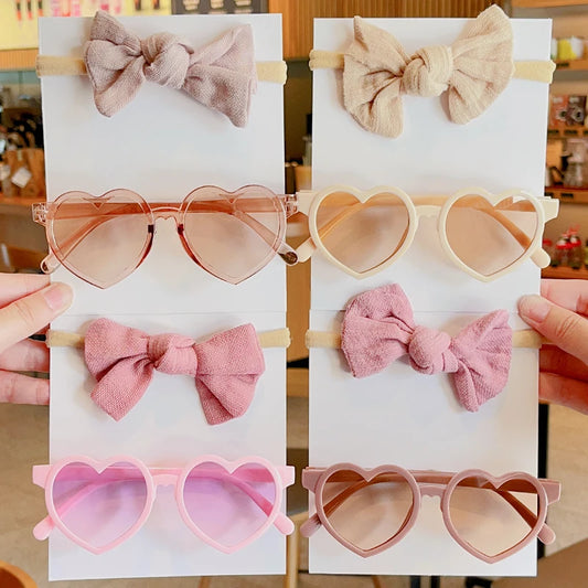 2 Pcs/Set New Girls Lovely Solid Color Cotton Bowknot Hairband Heart Shape Outdoor With Sunglasses