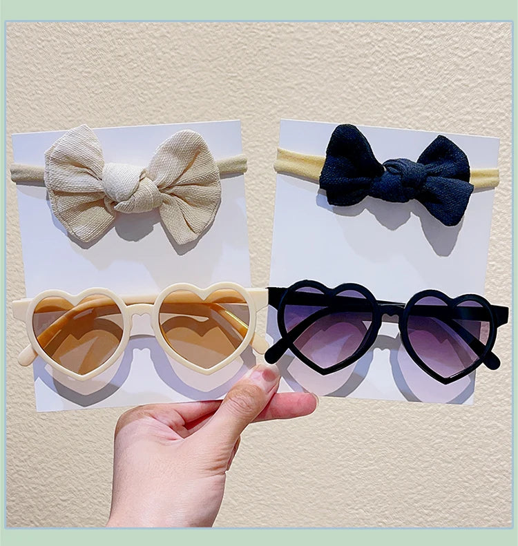 2 Pcs/Set New Girls Lovely Solid Color Cotton Bowknot Hairband Heart Shape Outdoor With Sunglasses