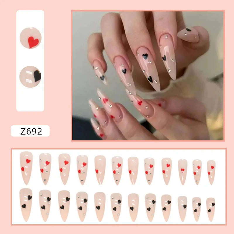 24Pcs Press On Nails Long Stiletto False Nails With Glue Pink Butterfly Cloud Rhinestones Design Acrylic Fake Nail Detachable