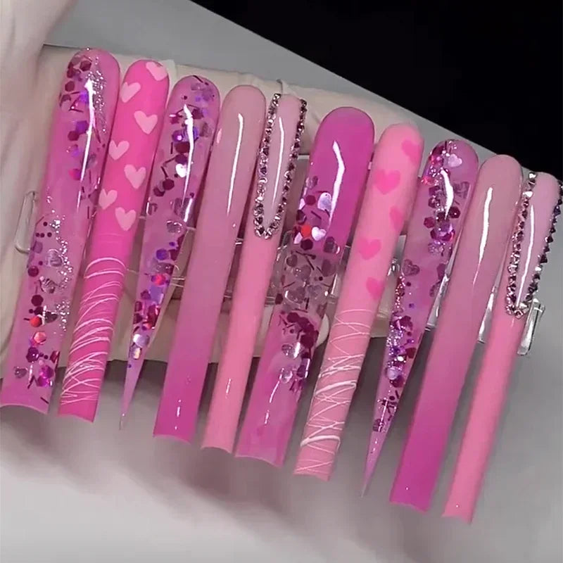 10PCS Handmade 5CM Long Stiletto Press On Nails Flower  Acrylic False Nails Tips Red Fake Nail With Glue Stickers Nail Supplies