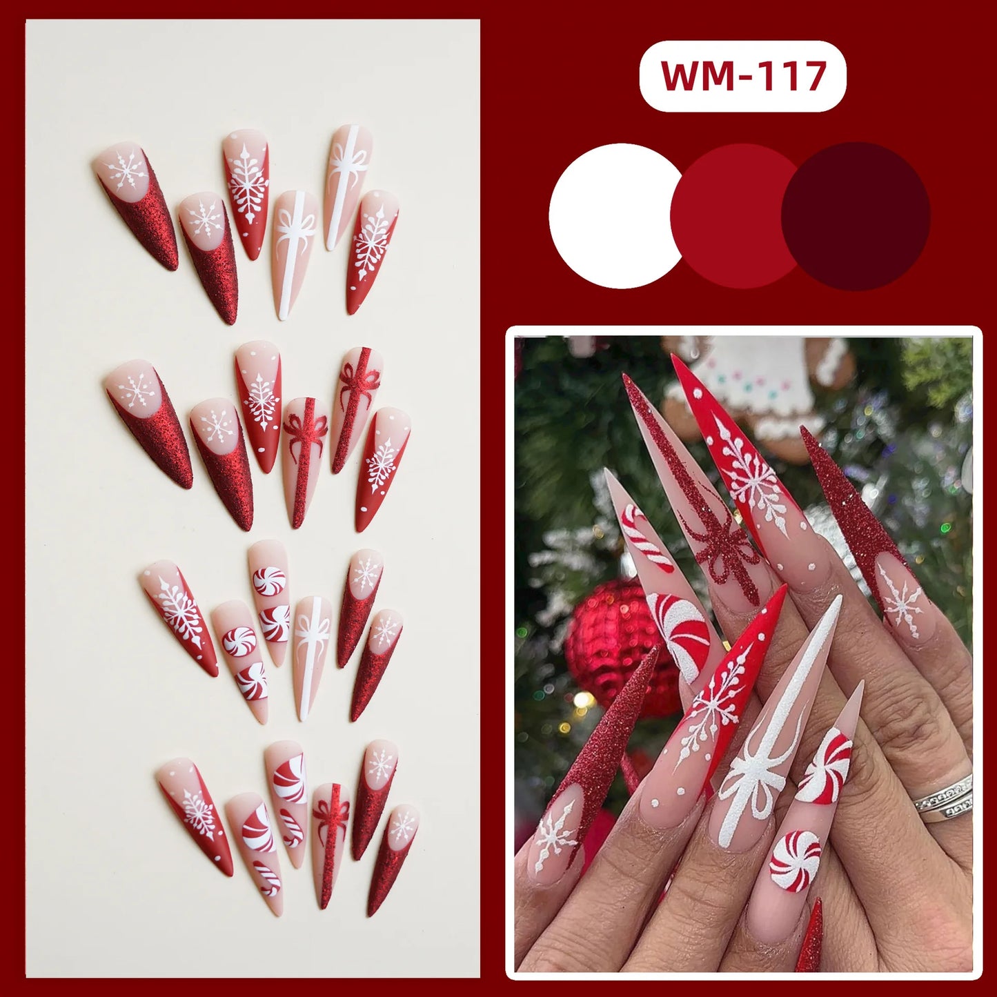24pcs Christmas Fake Nails Long Stiletto Press On Acrylic Nails Almond Glitter Red French False Nails White Snowflake Wearable