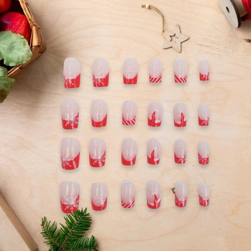Christmas Press on Nails Medium Square False Nails French Tip Nail Stick on Nails with Snowflake Acrylic Nail