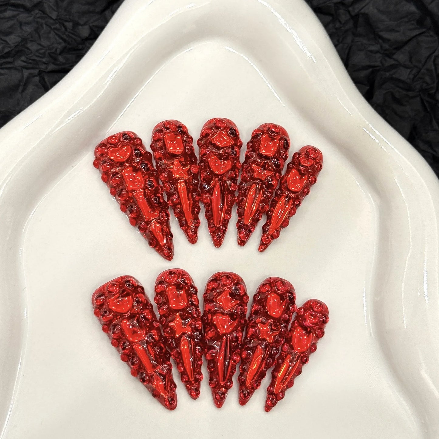 10pcs Stilettos Handmade Press on Nails Tip Diamond Design Full Cover Nail Fashion Red Glitter Fake Nail Art Reusable False Nail