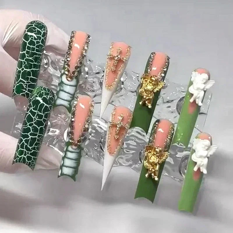 10PCS Handmade 5CM Long Stiletto Press On Nails Flower  Acrylic False Nails Tips Red Fake Nail With Glue Stickers Nail Supplies